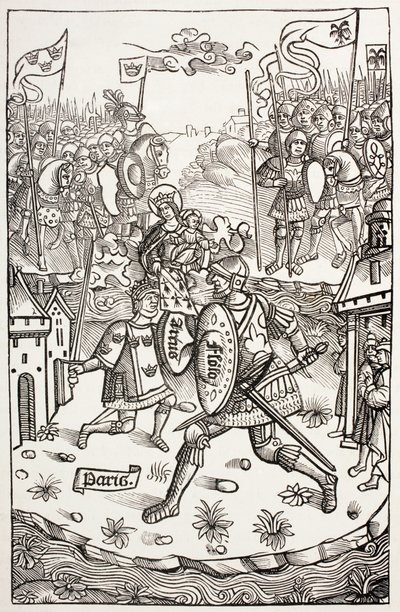 Артус хаан, онгон охиноор хамгаалагдсан, аварга биеттэй тулалдаж, Пол Лакруагийн "Дундад зууны цэрэг ба шашны амьдрал" номоос Лондонд хэвлэгдсэн 1880 оны поли. autorstwa French School